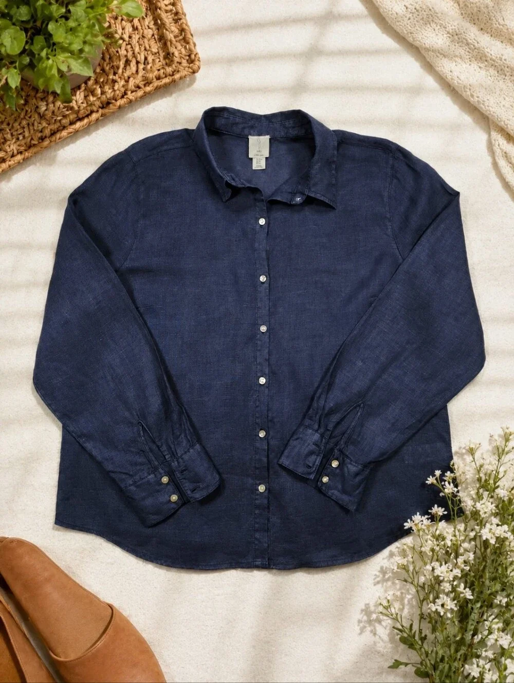 Joie 100% Linen Button Front Shirt Navy Blue Long Sleeve Women's XL - Picture 1 of 7